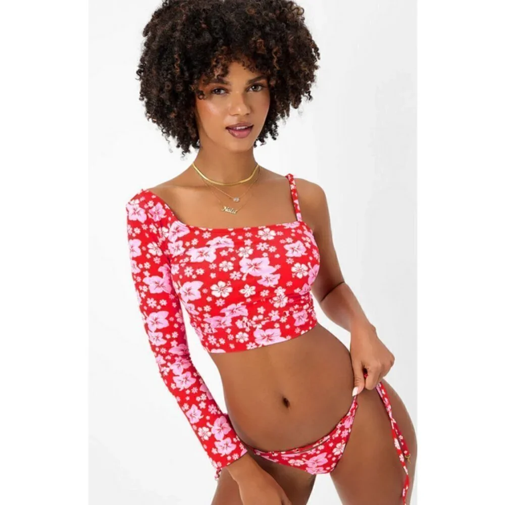 💕FRANKIES BIKINIS Keira Floral One Shoulder Bikini Top Coconut Girl Large NWT